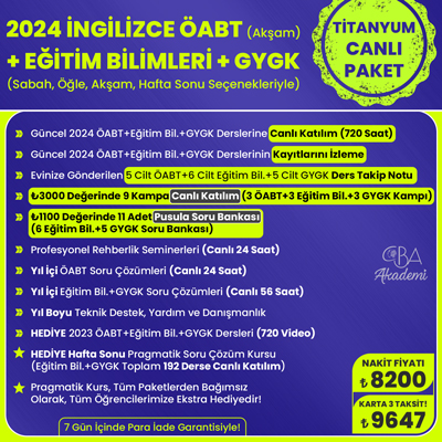 2024 İNGİLİZCE ÖABT (Akşam) + EĞİTİM BİL. + GYGK CANLI DERS (TİTANYUM PAKET)